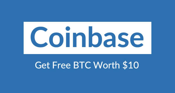 This is the logo for Coinbase.com with a message below it that says $10 in Free BTC with a $100 Purchase.
